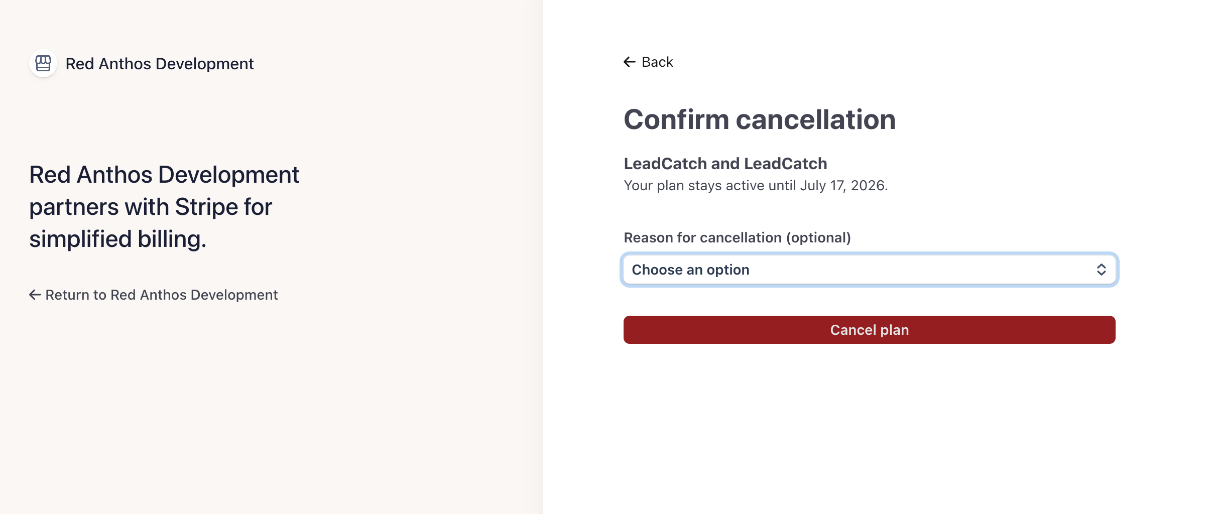 The Confirm cancellation screen, noting the plan stays active until the period end, with an optional reason and a Cancel plan button